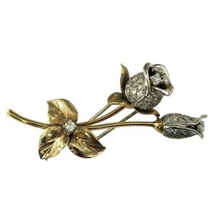 Fred Paris 18K Yellow and White Gold Diamond Rose Brooch/Pin #21406
